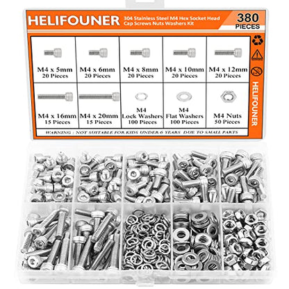 HELIFOUNER 380 Pieces M4 x 5mm /6mm /8mm /10mm /12mm /16mm /20mm, Hex Socket Head Cap Screws Bolts Washers Nuts Kit, 304 Stainless Steel - size: M4, style: Hex Socket Head Cap