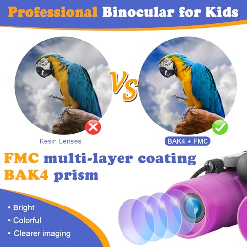 Real Binoculars for Kids Gifts for 3-12 Years Boys Girls 8x21 High-Resolution Optics Compact Toy Binocular for Bird Watching,Travel, Camping - color: Purple