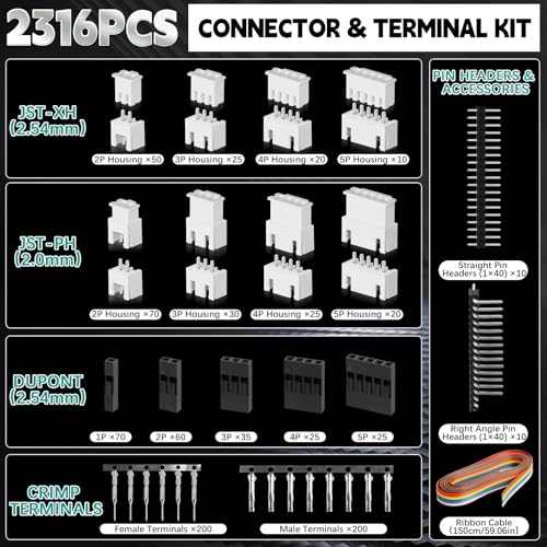 SN-2549 Ratcheting Open Barrel Crimper Kit, 2316PCS JST-XH 2.54mm/JST-PH 2.0mm/DuPont Connectors & Terminals, w/Pin Headers & Ribbon Cable, 0.08-1.0mm² (28-18 AWG) - color: 2316pcs