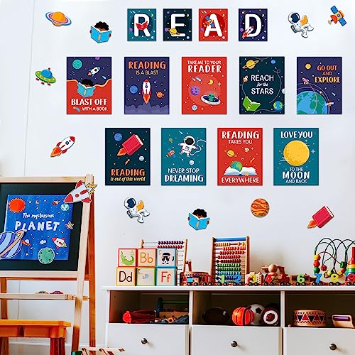 Outus 23 Pcs Reading Bulletin Board Decorations, Outer Space Read Posters