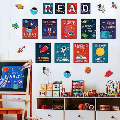Outus 23 Pcs Reading Bulletin Board Decorations, Outer Space Read Posters