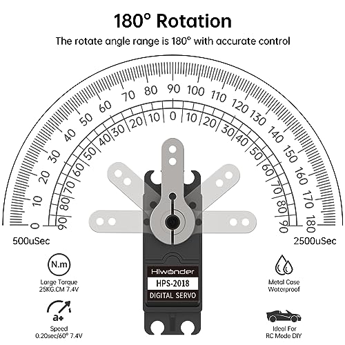 20KG RC Servo High Torque Servo Motors, Waterproof Full Metal Gear Steering Servo for 1/6 1/8 1/10 1/12 RC Car Robot DIY, Digital Servo with 25T Servo Horn, Control Angle 180° - style: 20KG-180°