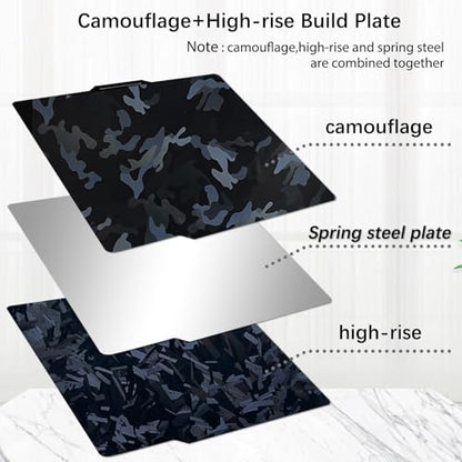 257x257mm Camouflage+High-Rise Build Plate for Bambu Lab X2D/X1/X1C/X1E/P1P/P1S/P2S/A1,Double Sided Smooth Flexible Spring Steel Plate Heated Bed Platform for Bambu Lab 3D Printers - color: Camouflage+High-Rise