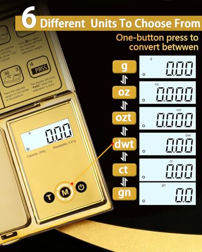 Gram Scale 0.01/200g Accuracy,6 Units Tare Function for Jewelry Coin - color: Golden