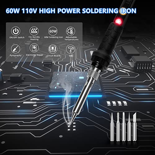 Soldering Iron Kit, 60W 110V Soldering Irons, Adjustable Temperature Soldering Welding Tool Kit with Extra 5pcs Tips, Stand, Sponge, Solder Wire - color: 9-in-1