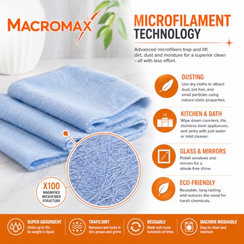 Macro Max Microfiber Glass Cloths 10 Pack, Streak Free Window