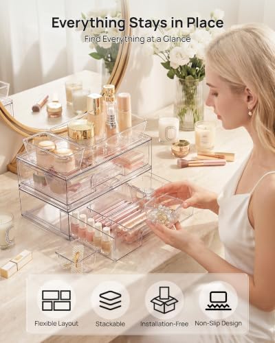 Vtopmart 12-Pack Clear Makeup Organizer Set with Drawer Organizer Bins - style: 2pack Wide Drawers with bins