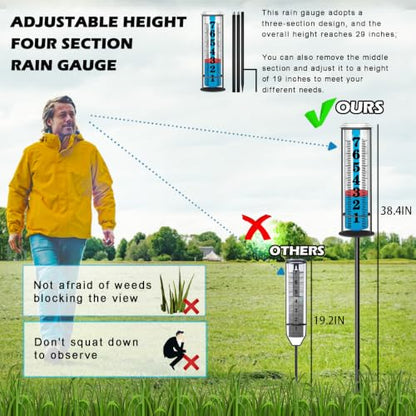 Rain Gauge Outdoor, Freeze Proof Rain Gauges Outdoors Best Rated, Upgraded Accurate Rain Measure Gauge for Yard, Thickened Plastic Rain Meter with Stake, Large Font Water Gauge, Adjustable Height - color: 4-Section Rain Gauge 1
