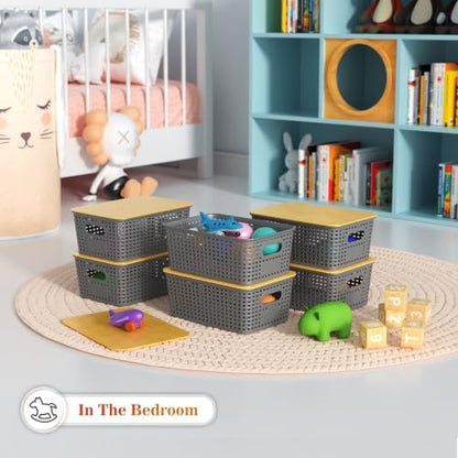 Ohmlove 6 Pack Plastic Storage Baskets with Bamboo Lids for Organization - color: Gray