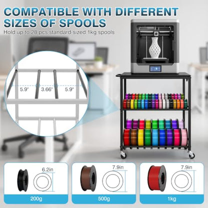 IRONWALLS 3D Printer Stand with Filament Storage & Power Outlet, 3-Tier - color: Black
