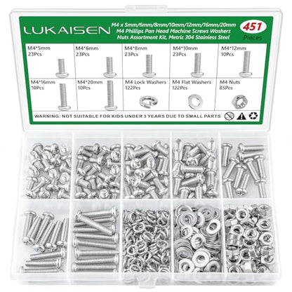 451Pcs M4 Phillips Pan Head Machine Screws Nuts Washers Set,304 SS - size: 451Pcs M4*5/6/8/10/12/16/20mm