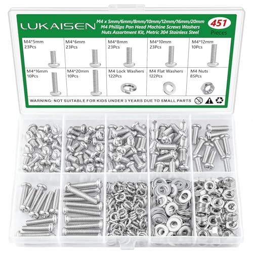 451Pcs M4 Phillips Pan Head Machine Screws Nuts Washers Set,304 SS - size: 451Pcs M4*5/6/8/10/12/16/20mm
