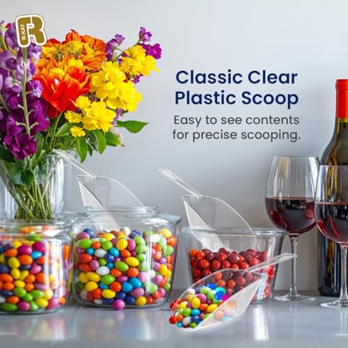 12 Pack Clear Plastic Scoops For Food - 6.5 Inch Candy Scoops For Candy Buffet - Premium Plastic scoop For Ice - Heavy Duty Candy Scoop For for Ice Cream, Tea Jars, Coffee, Flour, Dessert Toppings