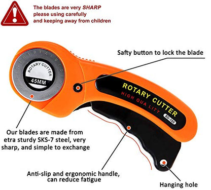 Swiftrans 90 PCS Rotary Cutter Kit, 45mm Rotary Cutter Tool Kit with 5 Extra Blades, A4 Cutting Mat, Patchwork Ruler, Carving Knife, Storage Bag Ideal Craft Supplies Set for Fabric Sewing and Quilting
