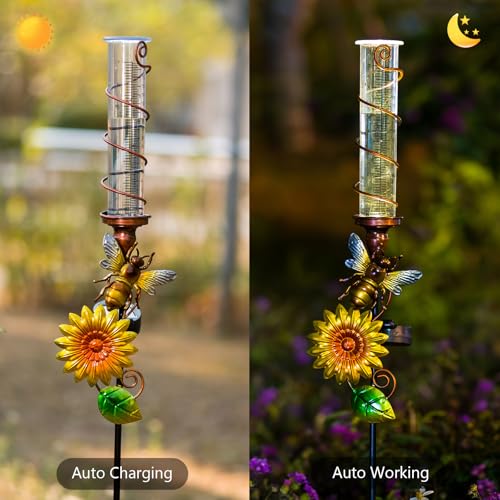 Rain Gauge Outdoor, Solar Water Gauge for Rain - color: Yellow Sunflower-Bee