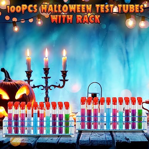 Xuhal 100 Pcs Halloween Test Tubes and Holder, 16 x 100 mm Plastic Caps