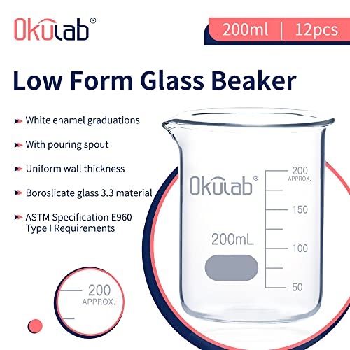 Glass Beaker, Graduated 3.3 Borosilicate Glass Beaker Set, 12pcs of 200ml Low Form Beakersfor Lab, Classroom, Craft, Kitchen,BKLG200A12 - style: Vol.200ml, Case of 12