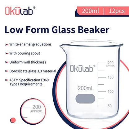 Glass Beaker, Graduated 3.3 Borosilicate Glass Beaker Set, 12pcs of 200ml Low Form Beakersfor Lab, Classroom, Craft, Kitchen,BKLG200A12 - style: Vol.200ml, Case of 12