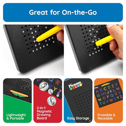 PicassoTiles 2in1 Magnetic Drawing Board Toy 12x10 In Large Magnet Bead Pad with Alphabet and Math Side in Black STEM Educational Writing Playboard Reusable Erasable Learning Tablet for Kids PTB02-BLK - style: 2-in-1 Alphabet&Num