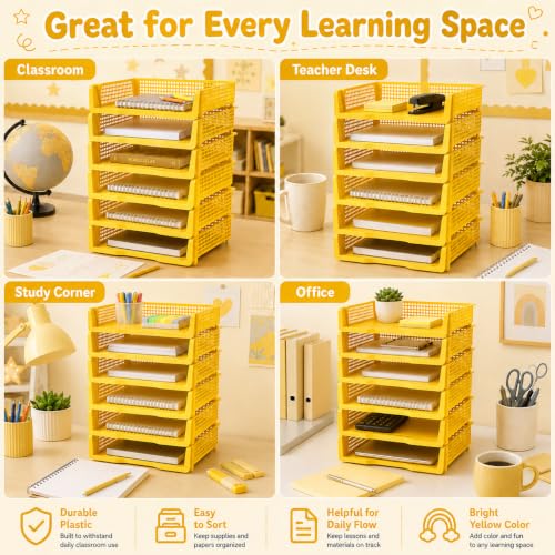 6 Pcs Yellow Turn in Trays Classroom, Stackable Paper Bins for Classroom, 13x9x2.8 inch Plastic Baskets Desktop Organization System Office (Yellow) - color: Yellow