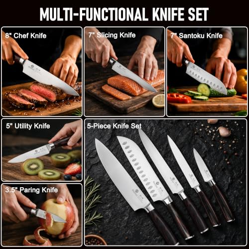 imarku 5PCS Kitchen Knife Set - Japanese High Carbon Stainless Steel Knives - color: Silver Blade with Brown Handle