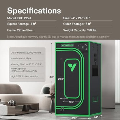 VIVOSUN P224 PRO Grow Tent 2x2 Small Indoor Grow Tents 24"x24"x 48" - size: 24"x24"x48"