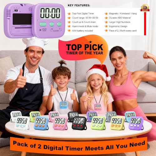 Antonki 2 Pack Digital Timer for Kids Classroom Kitchen Timers for Cooking - color: Fresh Purple