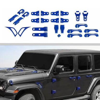 JWWY Complete Exterior Cover Trim Kit for 2018–2026 Jeep Wrangler JL JLU, Full Coverage Door Handle Hood Hinge Hood Latch Side Air Vent Rear Tailgate Window Hinge Covers, 43PCS Blue - color: Blue