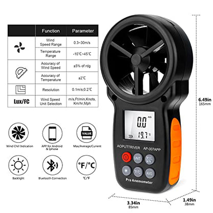 Anemometer Bluetooth with APP Handheld CFM Air Flow Meter up to 67.1 mph - color: AP-007-APP Bluetooth
