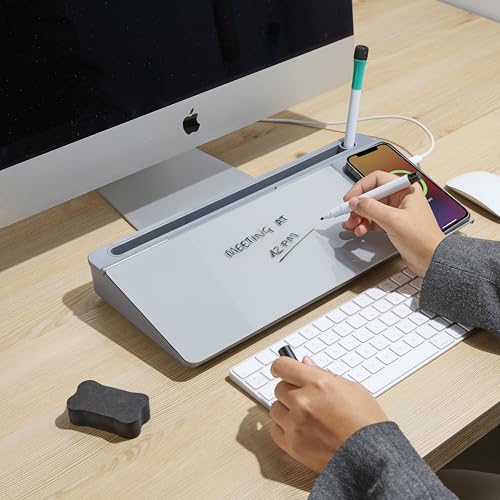 GAROOD Desktop Dry Erase Board with Storage Grey Color Desk White Board Desk Board Glass Desktop White Board with Stand Home Office Organizer Phone Holder 15.8X7X2 inches - color: Grey