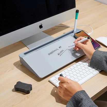 GAROOD Desktop Dry Erase Board with Storage Grey Color Desk White Board Desk Board Glass Desktop White Board with Stand Home Office Organizer Phone Holder 15.8X7X2 inches - color: Grey