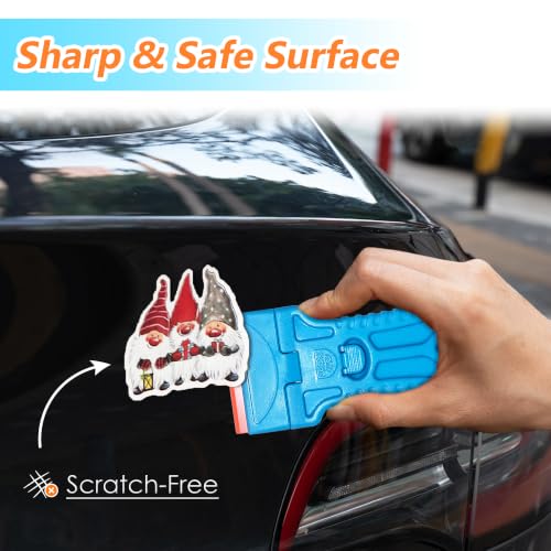 2 Pack Plastic Razor Blade Scraper with 100 Replacement Plastic Blades, Tool-Free One-Press Blade Replacement, Non Scratch Adhesive Remover for Stickers, Labels, Decals, Glass, Windows & Cars