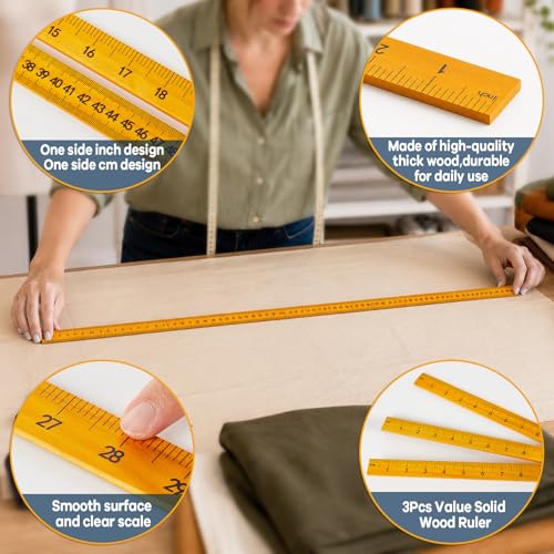 3Pcs 48 inch Yard Stick Wooden Ruler Yard Sticks Yellow Metric Ruler Straight Edge with Smooth Edges Rulers Bulk Double Sided Meter Sticks for Classroom Sewing Home Office Tailor Craft