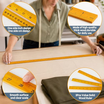 3Pcs 48 inch Yard Stick Wooden Ruler Yard Sticks Yellow Metric Ruler Straight Edge with Smooth Edges Rulers Bulk Double Sided Meter Sticks for Classroom Sewing Home Office Tailor Craft