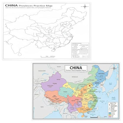 China Map Poster 11x17 | Laminated Double-Sided Geography Chart with Color Map Front & Blank Outline Back | Reusable Classroom & Homeschool Learning Tool - color: China