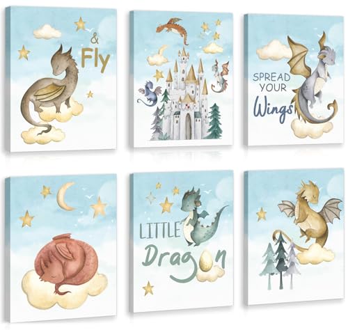 CHDITB Little Dragon Wall Art, Spread Your Wings Framed Canvas Wall Art Set, Fantasy Dragon Decor, Magical Castle Painting, Inspiring Quote Art Prints For Kids Room Nursery Decor(12X16 Inch) - color: Dinosaur Art, size: 12x16 inches