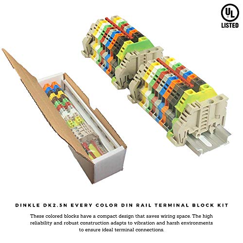 DIN Rail Terminal Blocks Kit by International Connector 20 Dinkle DK2.5N DIN Terminal Block Connectors 12-22 AWG Gauge 20A 600V, Ground Blocks, Jumpers, End Covers, End Brackets on 8'' Aluminum Rail