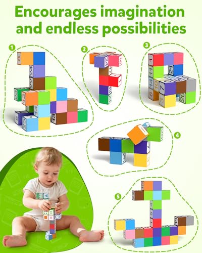 Coogam Magnetic Alphabet Blocks for Learning Numbers, Letters, Shapes, Magnet Construction Game & Building Cube, Educational Stem Montessori Sensory Toy Gift for 3 4 5 Year Old