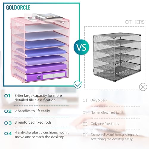 8 Tier Paper Letter Tray Organizer with Handles for Desk (Pink) - color: Pink