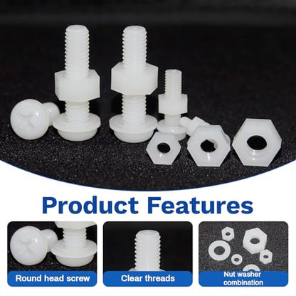 500Pcs White Nylon Screws Bolts Nuts Washers Set - size: M2,M2.5,M3,M4,M5,M6