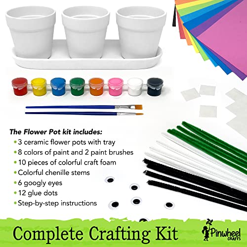 Pinwheel Crafts Flower Pot Painting Kit – DIY Flower Pots to Paint for Kids with 8 Paints, 2 Brushes, 3 Pots & 6 Googly Eyes, Gardening Kit for Kids Ages 8-12+, Kid Planting Crafts Set Birthday Gift - style: Painting Kit