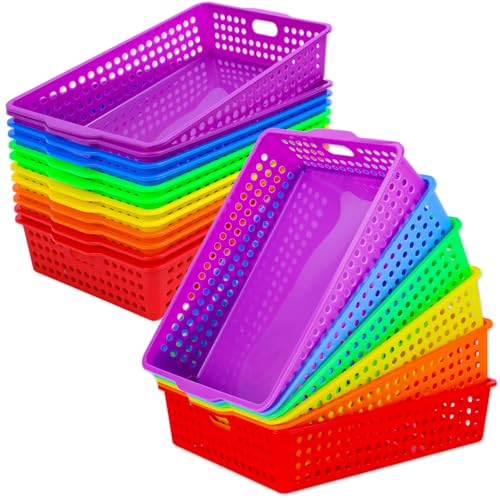 12 Pcs Plastic Classroom Storage Baskets Bulk 14 x 10 In Turn in Paper Tray for Classroom A4 Size Colorful Storage Organizer Bin with Handles Stackable Container for Playroom Home Office School Supply - color: 6 Neon color
