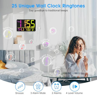 13" Bluetooth Auto Sync Wall Clock- Large Digital Alarm Clock with Remote - style: RGB Numbers