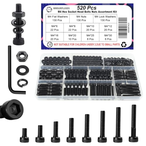 520Pcs M4 Screw Kit, Hex Socket Head Cap M4 Screws, M4 Bolts Nuts Washers - color: Black, size: Black M4--520 Pcs