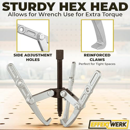 E•Werk - 3 Jaw Gear Puller - 6" - Wheel Bearing Removal Kit for Tight Pulley, Flywheel & Brake Disc - Heavy-Duty Separator w/Reversible Jaws for Automotive Maintenance & Vehicle Repairs