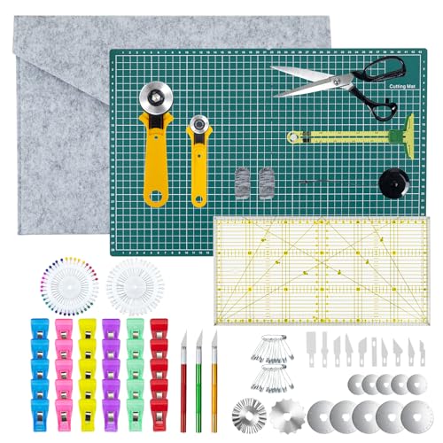 Rotary Cutter Set for Sewing & Quilting, 28mm & 45mm Fabric Cutters with Extra Blades, Foldable A3 Cutting Mat, Scissors, Rulers & Craft Tools Kit for Fabric Cutting, Patchwork, DIY Crafts