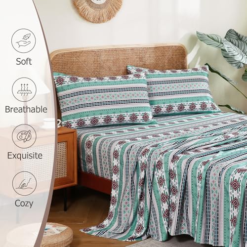 CozySmile 4 Pieces Queen Sheet Set Bohemian, Boho Sheets Soft Microfiber Deep Pocket, Western Sheets Geometric(Queen, Mint Coral Striped) - color: B-mint Coral Striped, size: Queen