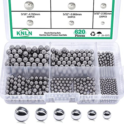 KNLN/620PCS 6 Size Bicycle Bearing Balls Stainless Steel Precision Steel Balls Stainless Steel Assorted Loose Kit 1/4" 7/32" 3/16" 5/32” 1/8" 3/32" N-037-620PCS - size: 620PCS-6 SIZE-1/4"-3/32"