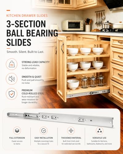 Gobrico Hardware 18 inch Drawer Slides 5 Pair，Soft Close Drawer Slides 3 Fold, Cabinet Drawer Slides Full Extension Drawer Glides, Heavy Duty Hydraulic Self Close Rails, Side Mount Ball Bearing - size: 18inch Drawer Slides