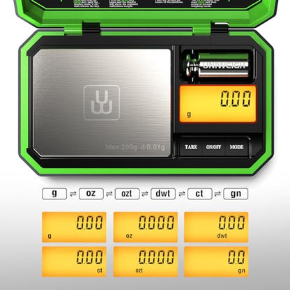 UNIWEIGH Digital Pocket Scale 200g/0.01g, Digital Scale Grams Precision - color: Fluorescent Green